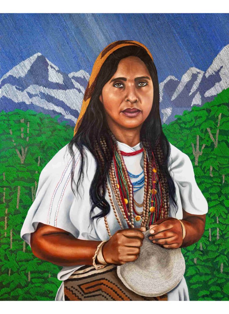 Tejido: Pensamiento de Mujer Óleo sobre lienzo 160 Ctm x 200 Ctm Bogotá, Colombia. 2022. Retratro reaizado para la serie Tejido: La Memoria del Corazón. Existencia y Realeza que nos cubre.