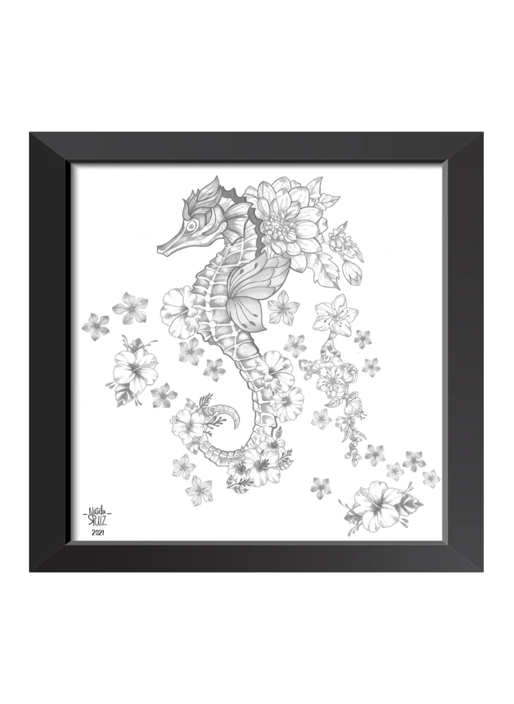 Ilustración de Caballito de Mar del Pacífico (Hippocampus ingens) , especie Méxicana realizado en grafito sobre papel de algodón. Año:2021