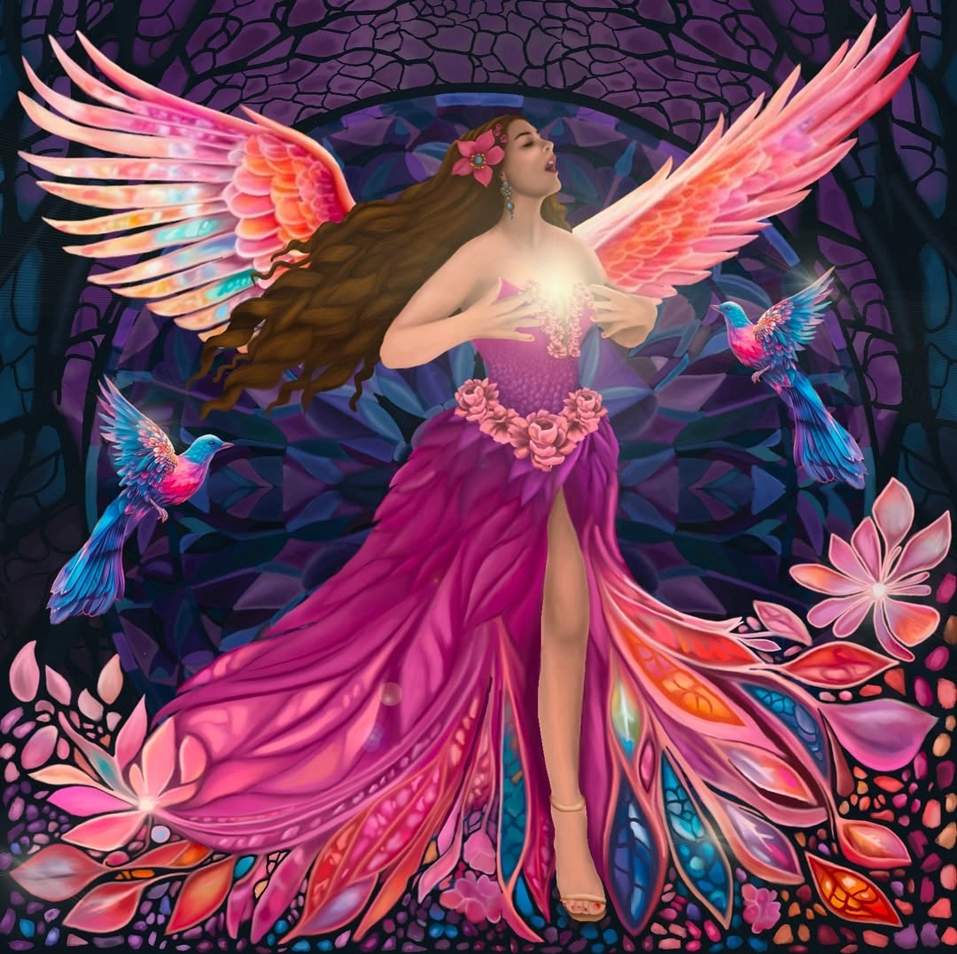 Imagen realizada para la representación de la terapeuta musical Liliana Santamaría donde se representa a la Diosa de la música, una mujer pájaro.