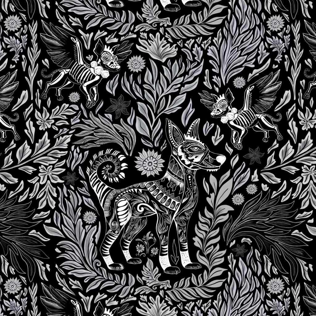 Imagen realizada para la sublimación de un diseño textil. Representa un xoloitzcuintle en estilo alebrije en paleta de grises.