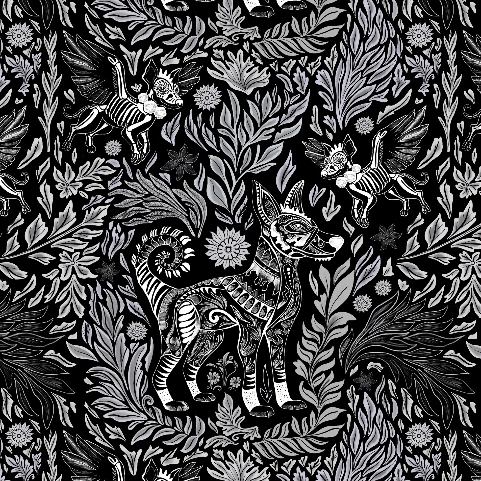 Imagen realizada para la sublimación de un diseño textil. Representa un xoloitzcuintle en estilo alebrije en paleta de grises.